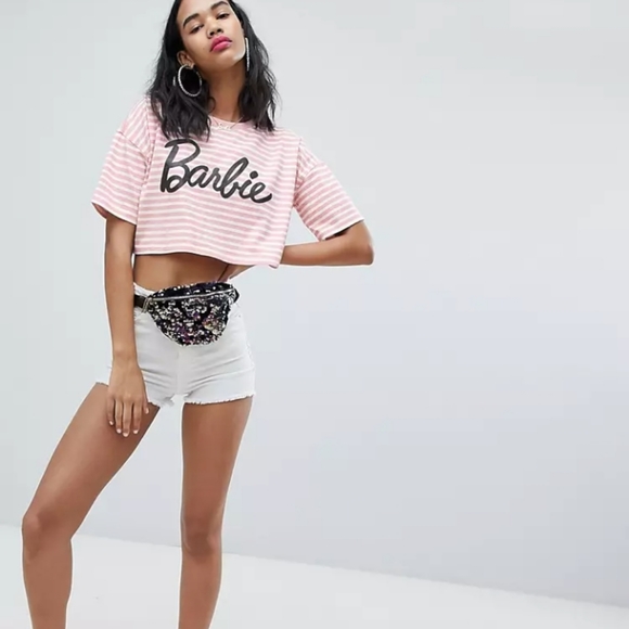 Missguided Barbie Stripe Crop T-Shirt Black/ White/Says "Barbie is A Fugly Sl@t - Picture 4 of 6